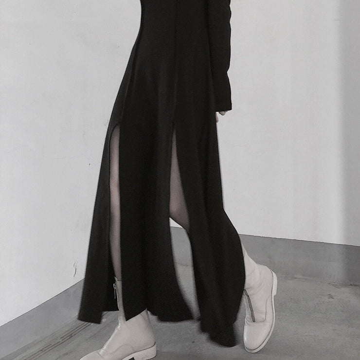 Chic High Neck Asymmetric Dress Runway Black Art Dress - SooLinen