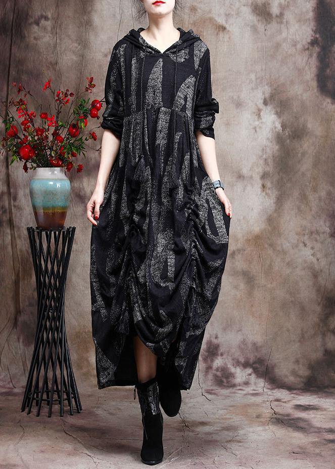 Chic Hoodie Baggy Maxi Dresses Black Print Long Dresses - SooLinen
