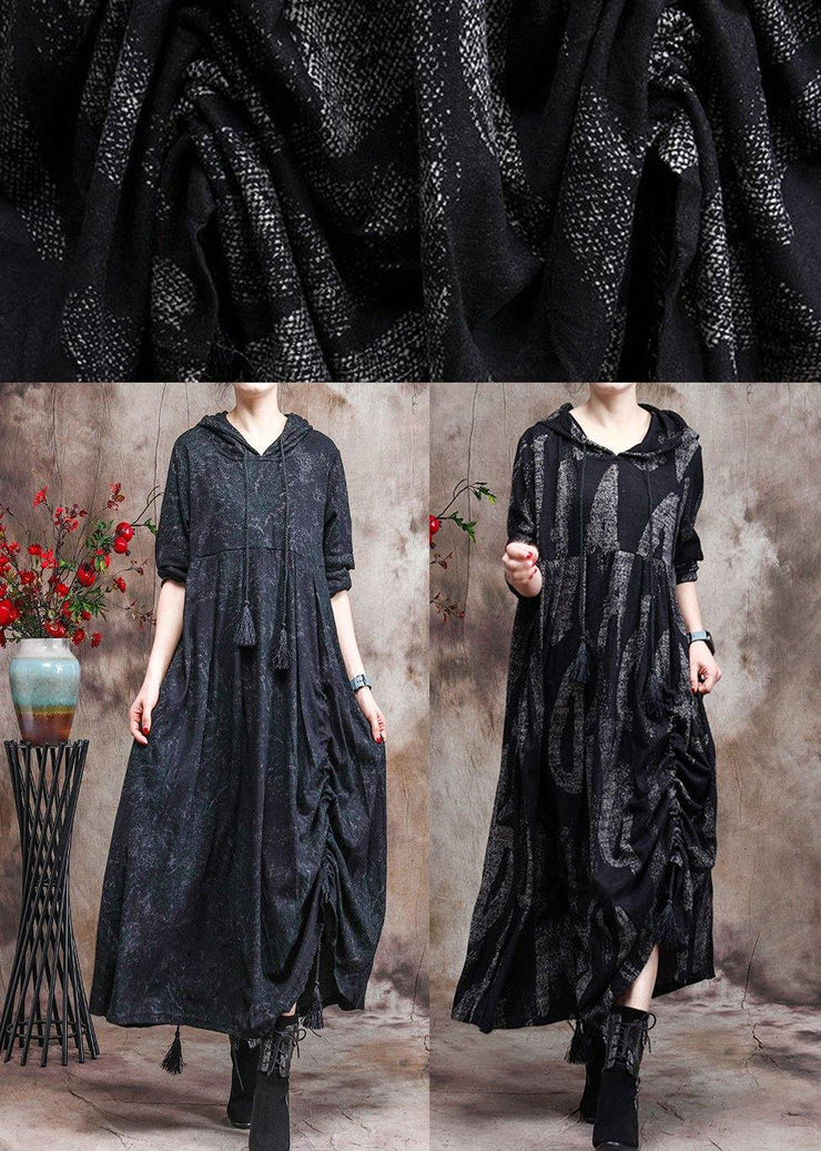 Chic Hoodie Baggy Maxi Dresses Black Print Long Dresses - SooLinen