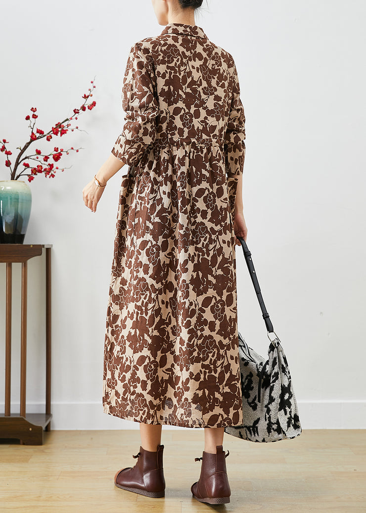 Chic Khaki Cinched Print Cotton Long Dresses Fall
