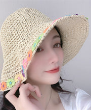 Chic Khaki Floral Straw Woven Floppy Sun Hat