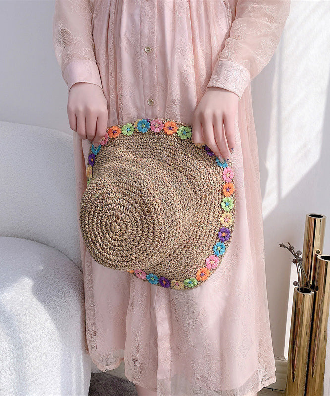 Chic Khaki Floral Straw Woven Floppy Sun Hat