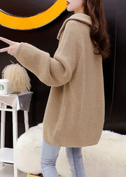 Chic Khaki High Neck Zippered Cozy Knit Pullover Winter
