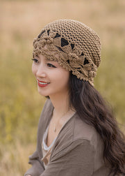 Chic Khaki Hollow Out Floral Knit Bonnie Hat
