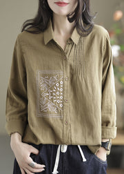 Chic Khaki Lapel Embroidered Wrinkled Linen Shirt Tops Spring