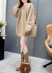 Chic Khaki O-Neck Oversized Cotton Filled Patchwork Drawstring Long Sweater Winter