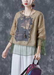 Chic Khaki Oversized Patchwork Organza Linen Shirts Bracelet Sleeve
