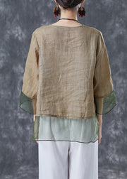 Chic Khaki Oversized Patchwork Organza Linen Shirts Bracelet Sleeve