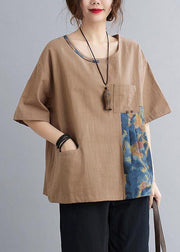 Chic Khaki Patchwork Pockets Cotton Linen Shirt Summer - SooLinen