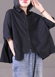 Chic Khaki Peter Pan Collar Asymmetrical Design Patchwork Wrinkled Cotton Shirt Tops Short Sleeve