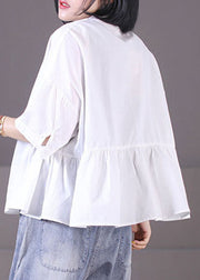 Chic Khaki Peter Pan Collar Asymmetrical Design Patchwork Wrinkled Cotton Shirt Tops Short Sleeve
