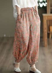 Chic Khaki Print Elastic Waist Linen Beam Pants Spring