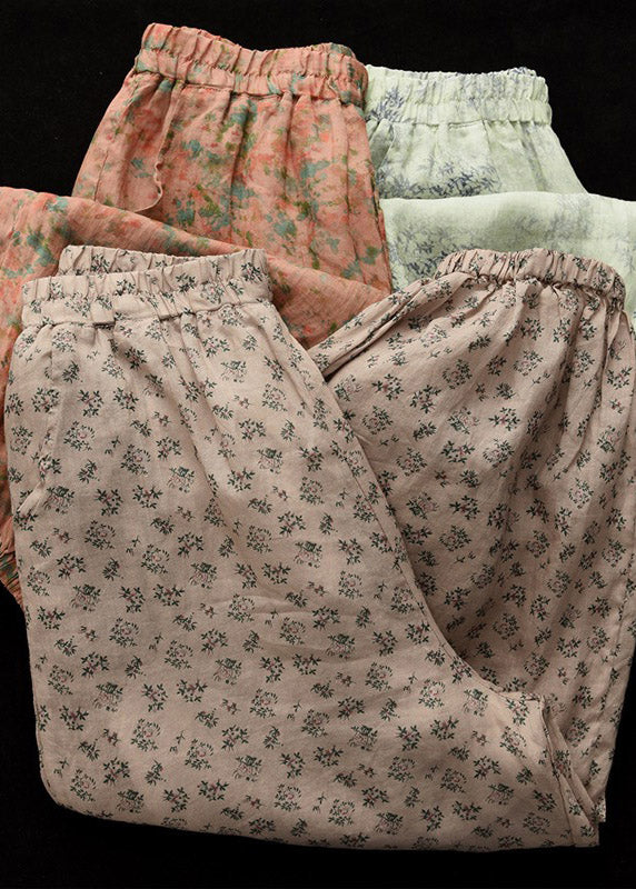 Chic Khaki Print Elastic Waist Linen Beam Pants Spring