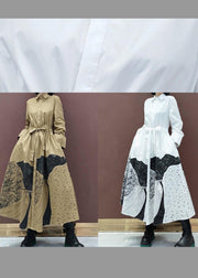 Chic Khaki Print Tunics Lapel Drawstring Robes Spring Dresses - SooLinen