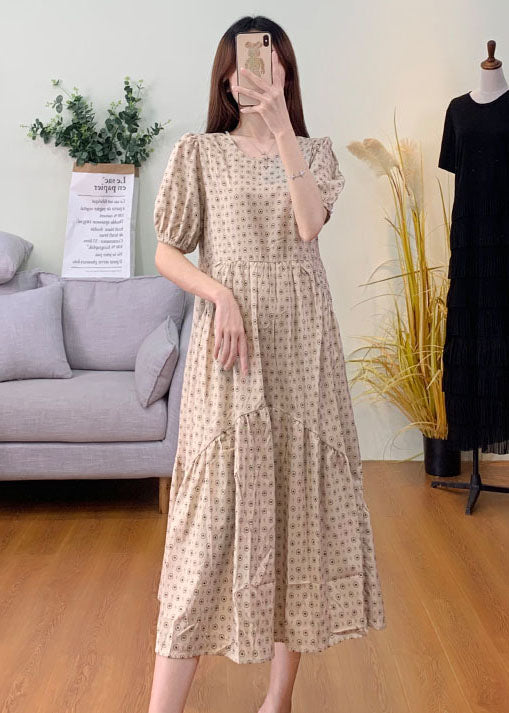 Chic Khaki Puff Sleeve Patchwork Print Cotton Dresses