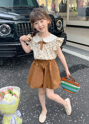 Chic Khaki Ruffled Print Patchwork Cotton Baby Girls Two Pieces Set Summer