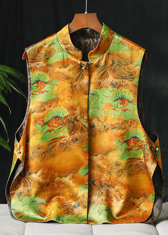 Chic Khaki Stand Collar button side open print Silk vests Spring
