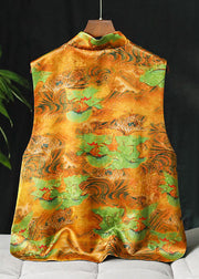Chic Khaki Stand Collar button side open print Silk vests Spring