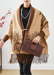 Chic Khaki Tasseled Print Knit Loose Coat Fall