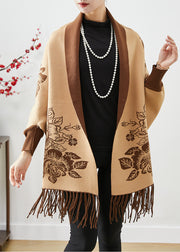 Chic Khaki Tasseled Print Knit Loose Coat Fall