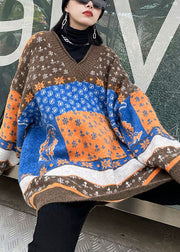 Chic Khaki V Neck Print Loose Fall Knit sweaters