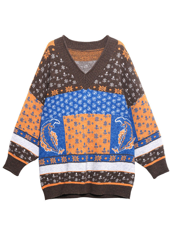 Chic Khaki V Neck Print Loose Fall Knit sweaters