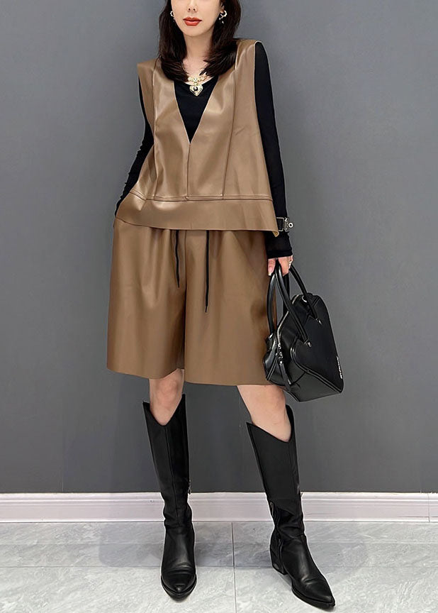 Chic Khaki V Neck Solid Faux Leather Two Pieces Set Winter