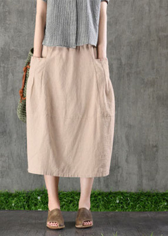 Chic Khaki elastische Taille Taschen Baumwolle Leinen A-Linie Rock Frühling
