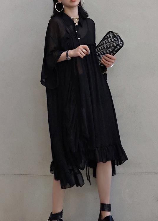 Chic Lapel Asymmetric Spring Quilting Dresses Design Black Long Dresses - SooLinen