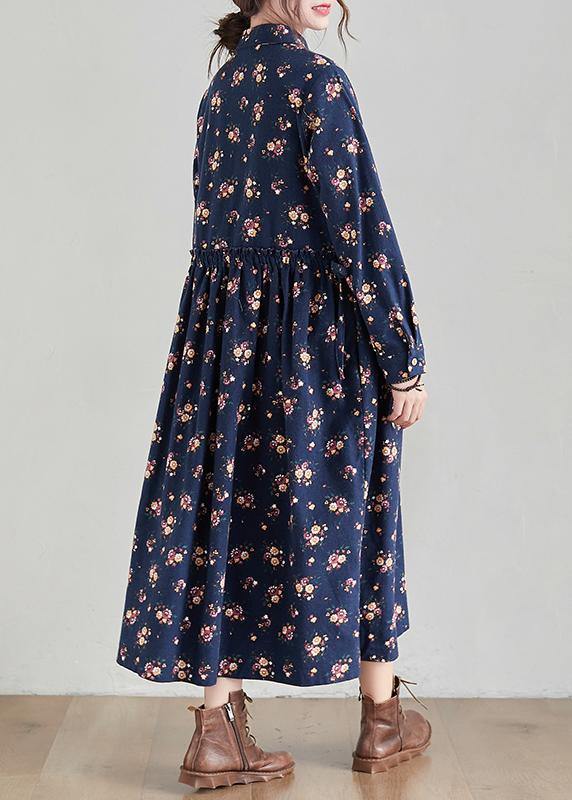 Chic Lapel Cinched Spring Tunics Shape Navy Print Traveling Dress - SooLinen