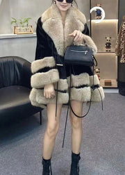 Chic Leopard Fur Collar Drawstring Patchwork Faux Leather Coats Winter