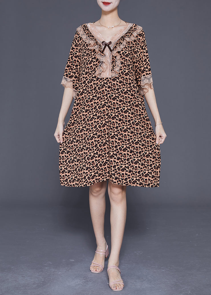 Chic Leopard V Neck Patchwork Lace Cotton Mid Dress Summer