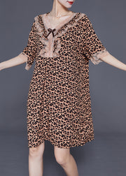 Chic Leopard V Neck Patchwork Lace Cotton Mid Dress Summer