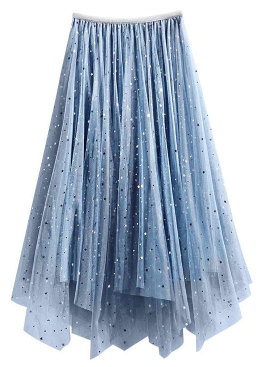 Chic Light Blue Elastic Waist Sequins Tulle A Line Skirts Summer