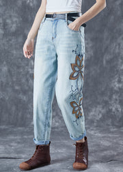 Chic Light Blue Embroidered Zircon Denim Harem Pants Summer