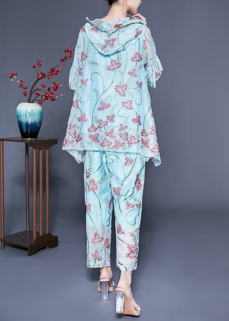 Chic Light Blue Hooded Ruffled Embroidered Silk Two Pieces Set Flare Sleeve