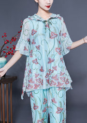 Chic Light Blue Hooded Ruffled Embroidered Silk Two Pieces Set Flare Sleeve