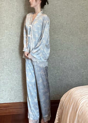 Chic Light Blue V Neck Print Button Ice Silk Pajamas Two Pieces Set Long Sleeve