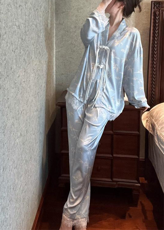 Chic Light Blue V Neck Print Button Ice Silk Pajamas Two Pieces Set Long Sleeve