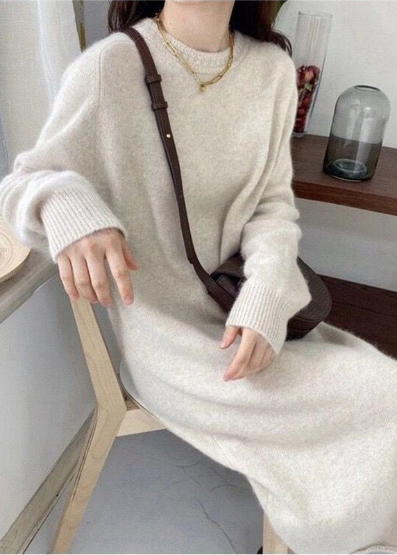 Chic Light Grey Cozy Long Cashmere Knit Sweater Dress Fall