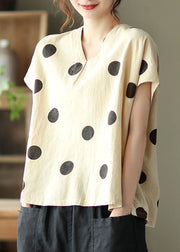 Chic Light Khaki V Neck Print Patchwork Linen T Shirt Tops Summer