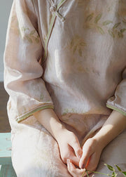 Chic Light Pink O-Neck side open Print Linen Dresses Three Quarter sleeve