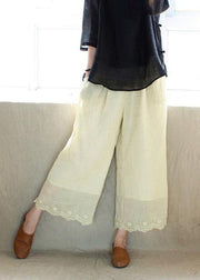 Chic Light Yellow Embroidery Trousers Thin Summer Elastic Waist Wardrobes Casual Pants - SooLinen