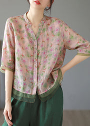 Chic Lotus Root Pink Color Print Button Linen Shirt Summer