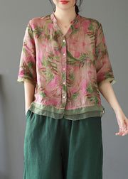 Chic Lotus Root Pink Color Print Button Linen Shirt Summer