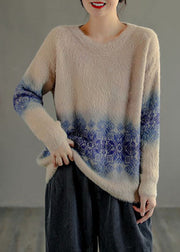 Chic Milk tea color O-Neck Print thick Mink Hair Knitted Tops Long Sleeve