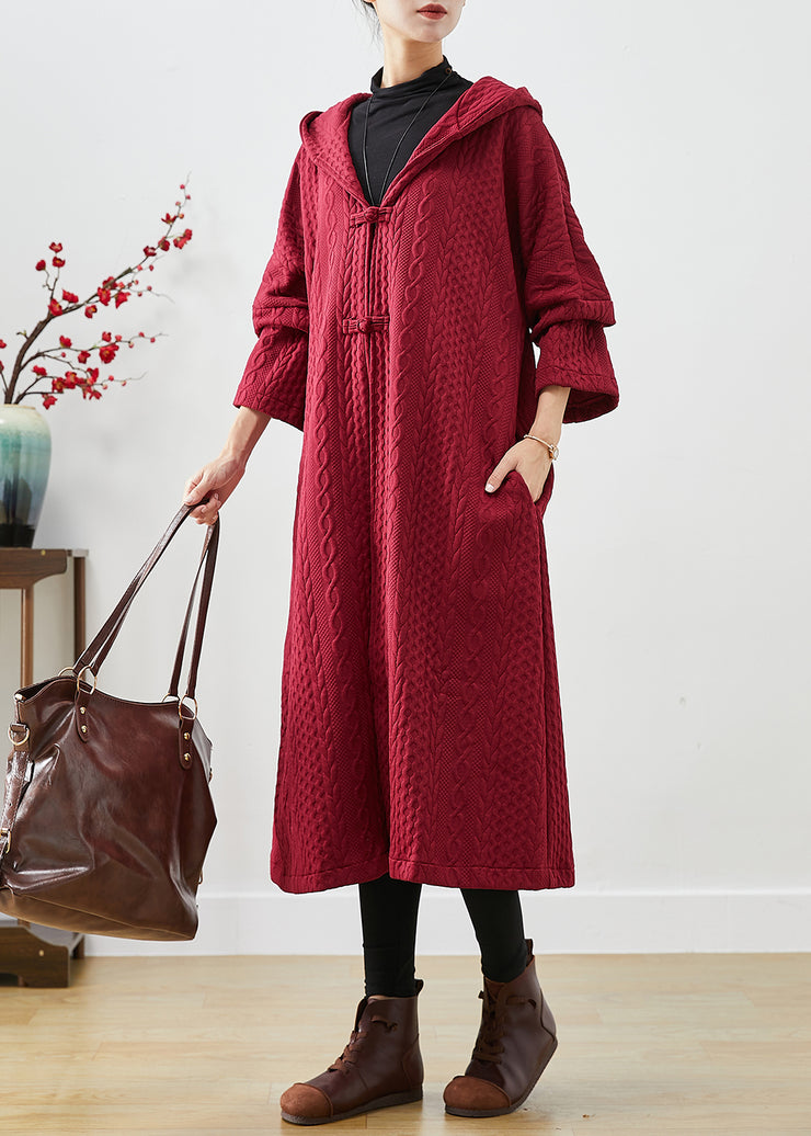 Chic Mulberry Hooded Chinese Button Cotton Trench Coat Fall