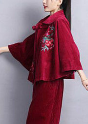 Chic Mulberry Peter Pan Collar Embroidered Corduroy Coats Cloak Sleeves