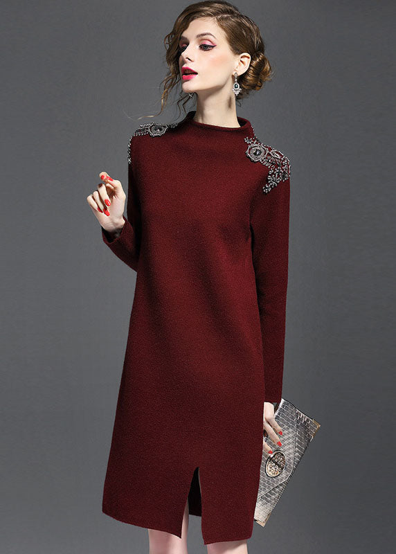 Chic Mulberry Turtle Neck Side Open Knit Sweater Dress Long Sleeve