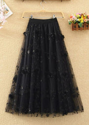 Chic Navy Embroidered Elastic Waist Tulle Skirts Summer